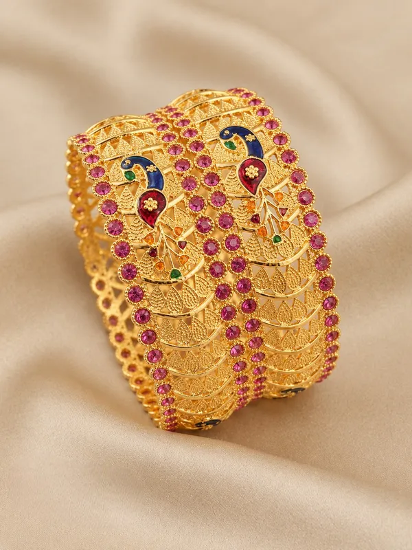 Gold_Alloy_Peacock_Enamel_Stone_Studded_Bangle_Set_For_Women