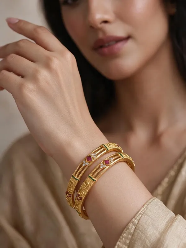 Gold_Alloy_Cutwork_Pink_Green_Stone_Embellished_Bangle_Set_For_Women