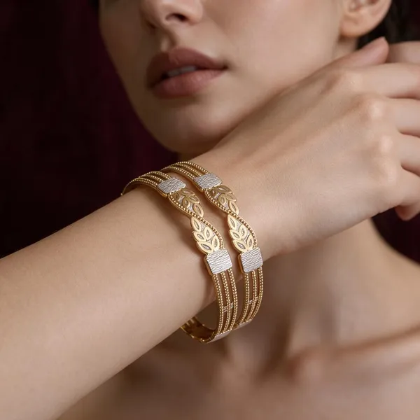 Gold_Alloy_Floral_Leaf_Chain_Detail_Bangle_Set_For_Women