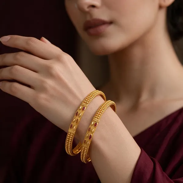 Gold_Alloy_Maroon_Stone_Embossed_Motif_Bangle_Set_For_Women
