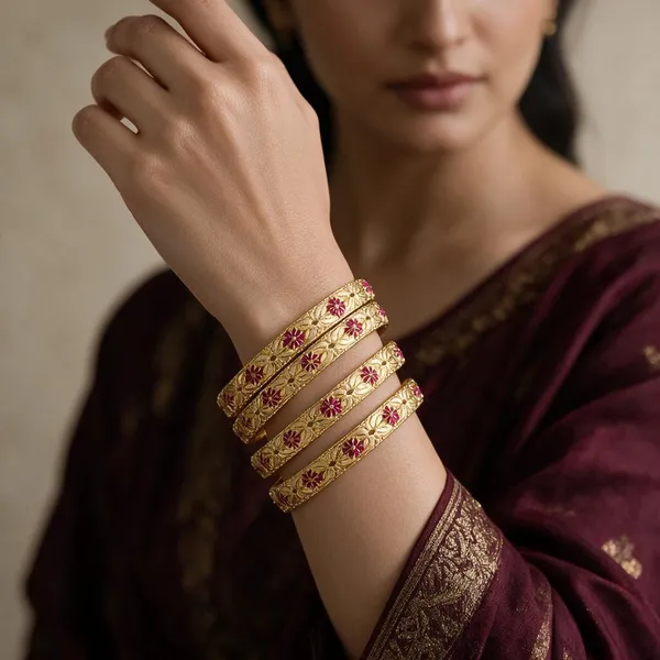 Gold_Alloy_Red_Floral_Embossed_Bangle_Set_For_Women