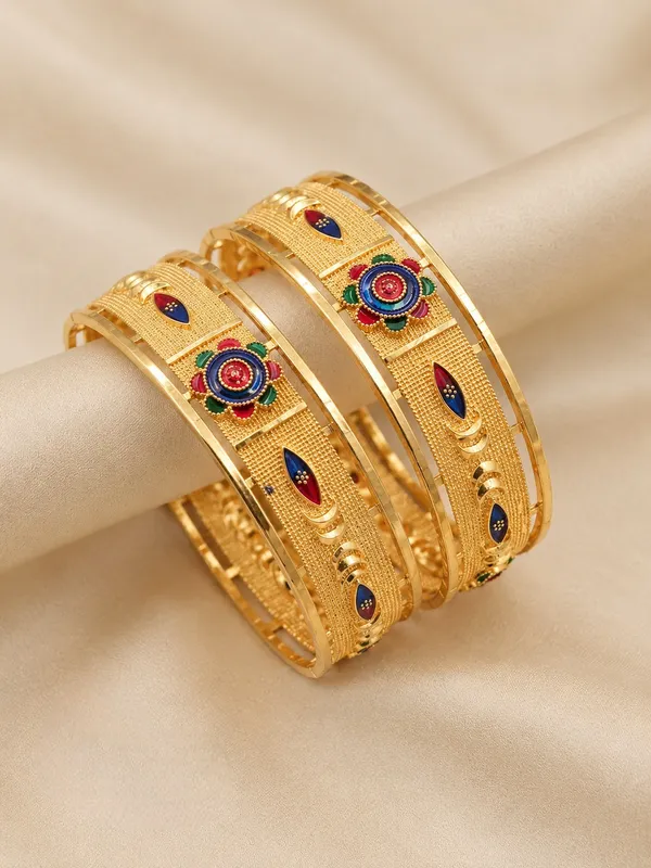 Gold_Alloy_Enamel_Floral_Motif_Bangle_Set_For_Women