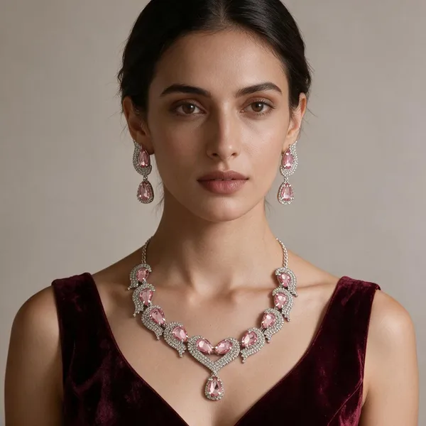 Silver_Pink_Alloy_Teardrop_Stone_Necklace_And_Earrings_Set_For_Women