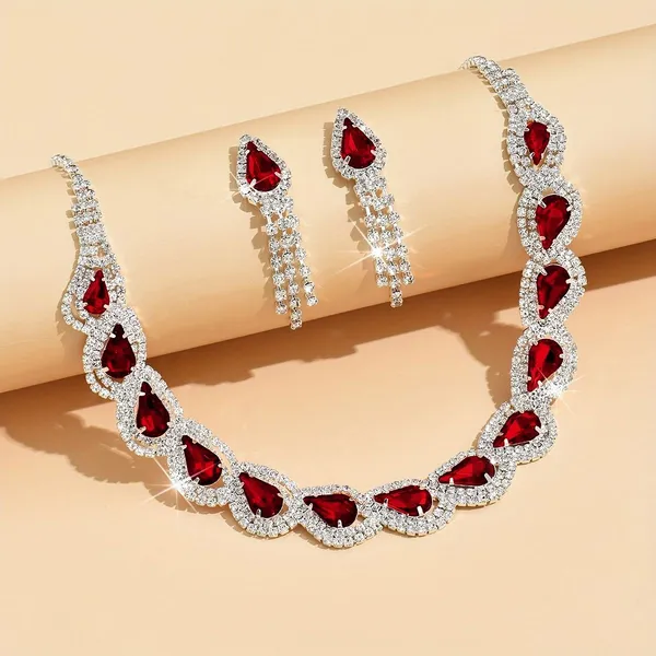 Silver_Red_Alloy_Teardrop_Stone_Necklace_Set_For_Women