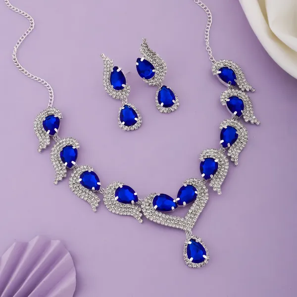 Silver_Blue_Alloy_Teardrop_Stone_Necklace_And_Earrings_Set_For_Women