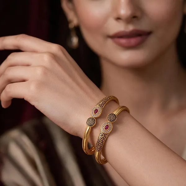 Gold_Alloy_Pink_Stone_Black_Spiral_Bangle_Set_For_Women