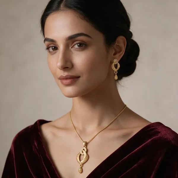Gold_Alloy_Teardrop_Pendant_Necklace_Set_For_Women
