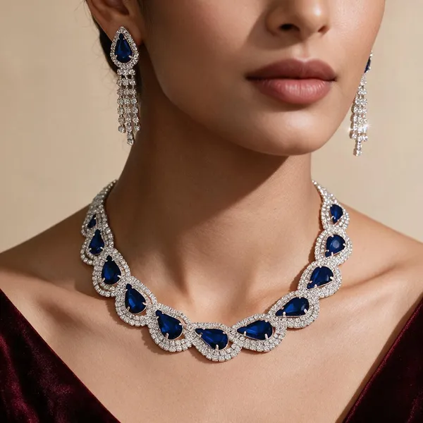 Silver_Blue_Alloy_Teardrop_Stone_Necklace_Set_For_Women