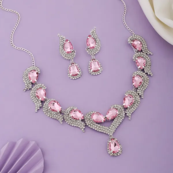 Silver_Pink_Alloy_Teardrop_Stone_Necklace_And_Earrings_Set_For_Women