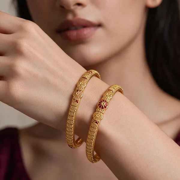 Gold_Alloy_Red_Floral_Engraved_Bangle_Set_For_Women