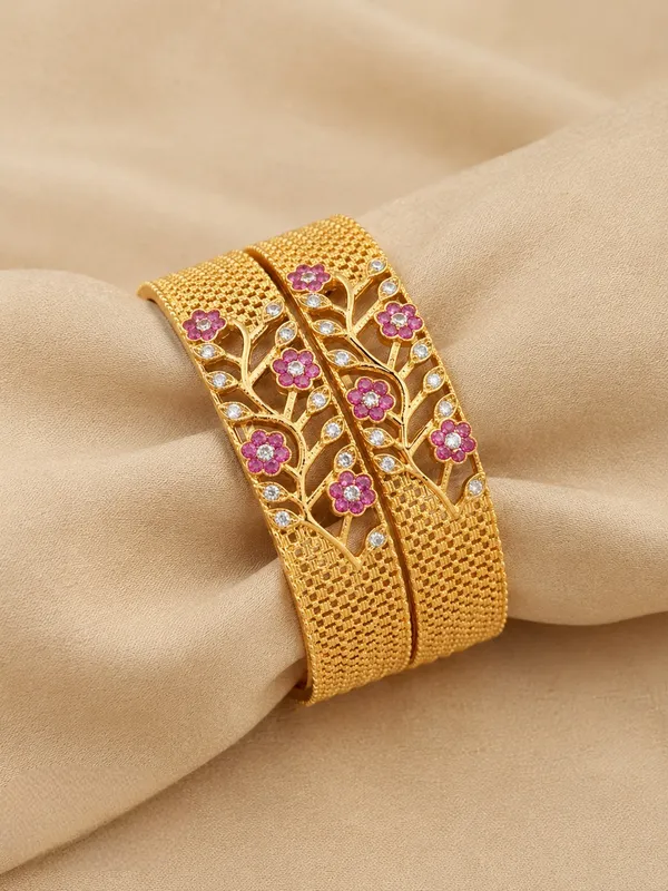 Gold_Alloy_Floral_Vine_Pink_Stone_Studded_Bangle_For_Women