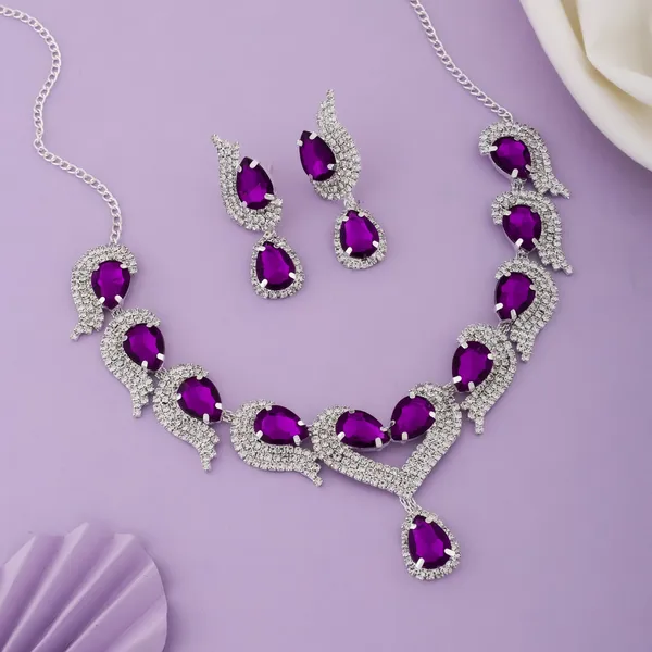Silver_Purple_Alloy_Teardrop_Crystal_Necklace_And_Earring_Set_For_Women