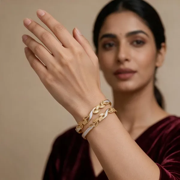Gold_Alloy_Leaf_Floral_Open_Cuff_Bangle_Set_For_Women