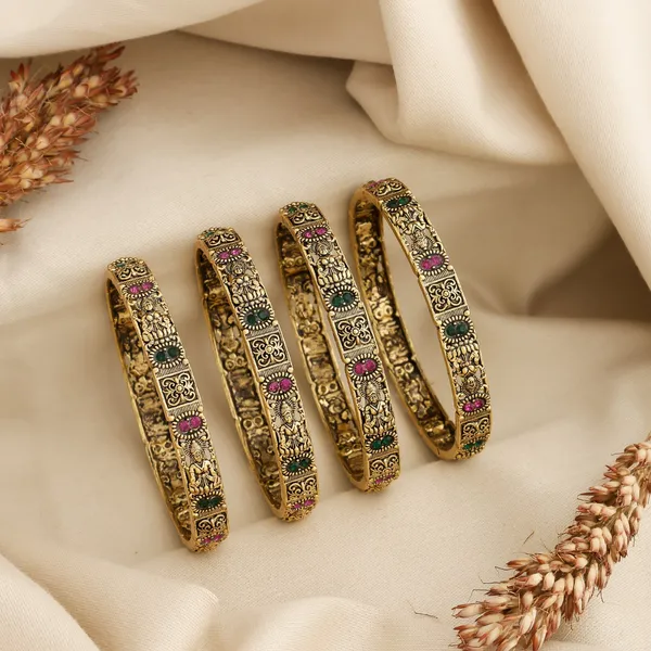 Gold_Alloy_Pink_Green_Stone_Floral_Bangle_Set_For_Women