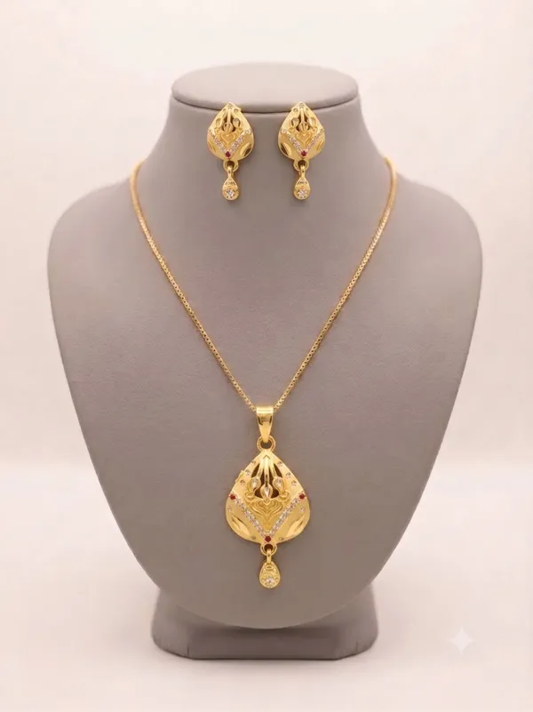 Gold_Alloy_Teardrop_Red_Accent_Pendant_Necklace_Set_For_Women