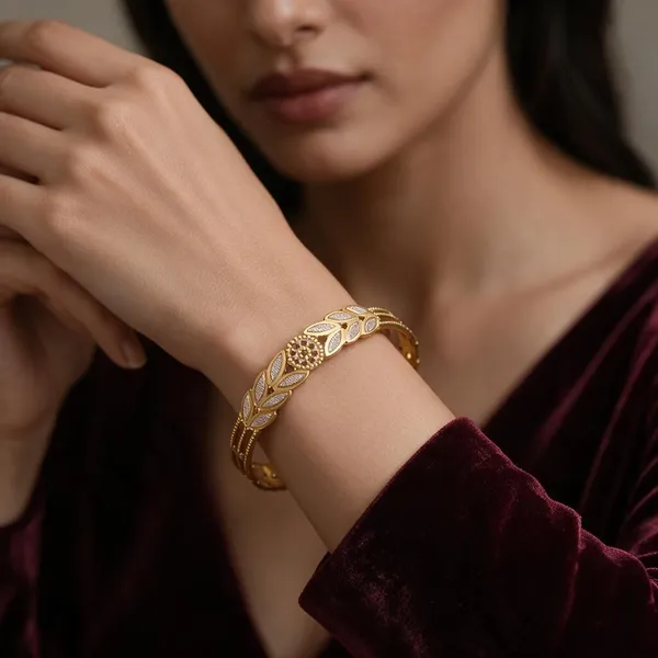 Gold_Alloy_Floral_Open_Cuff_Bangle_Set_For_Women