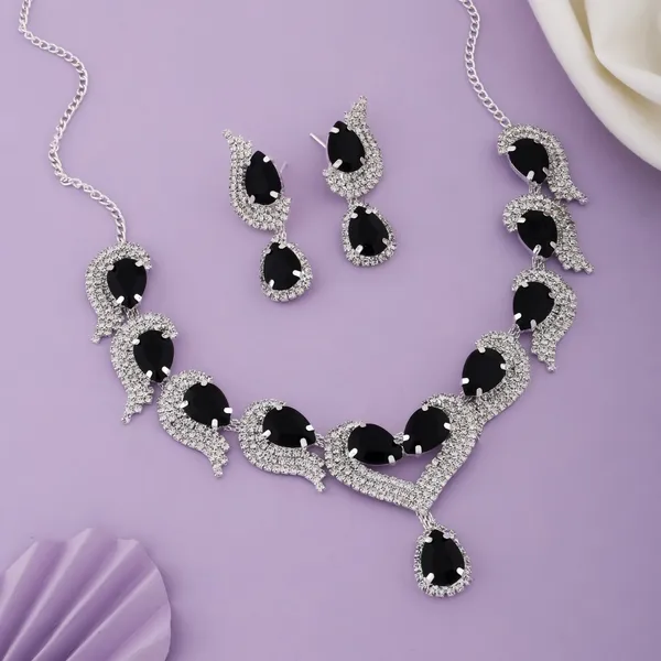 Silver_Black_Alloy_Teardrop_Stone_Necklace_And_Earring_Set_For_Women