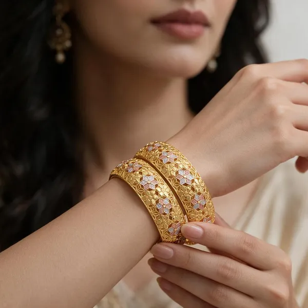 Gold_Alloy_Floral_Pink_Silver_Tone_Bangle_Set_For_Women