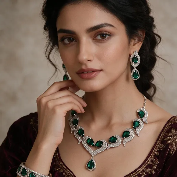 Silver_Green_Alloy_Teardrop_Stone_Necklace_And_Earrings_Set_For_Women