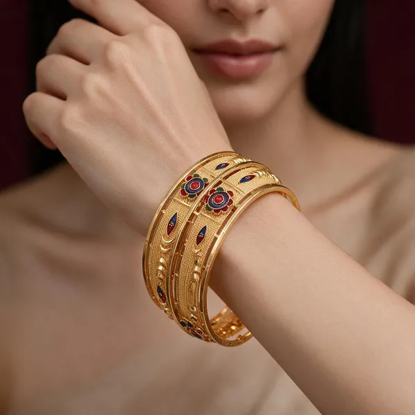 Gold_Alloy_Enamel_Floral_Motif_Bangle_Set_For_Women
