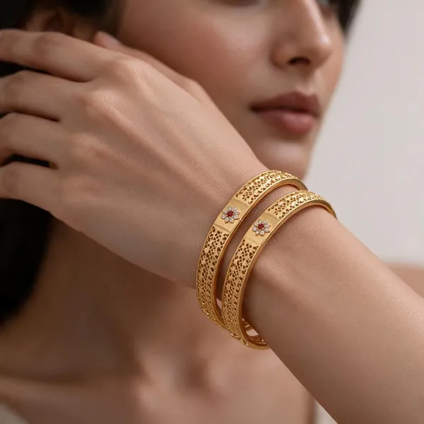 Gold_Alloy_Floral_Openwork_Red_Stone_Bangle_Set_For_Women