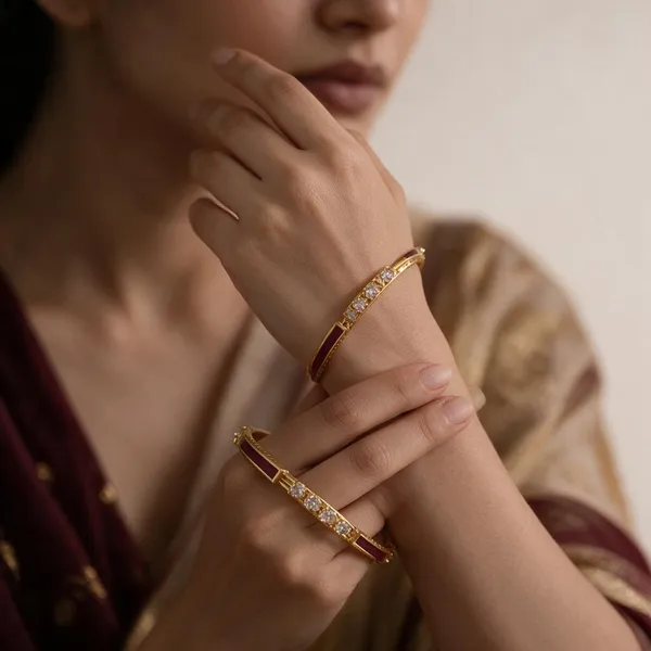 Gold_Alloy_Pink_Enamel_Clear_Stone_Bangle_Set_For_Women