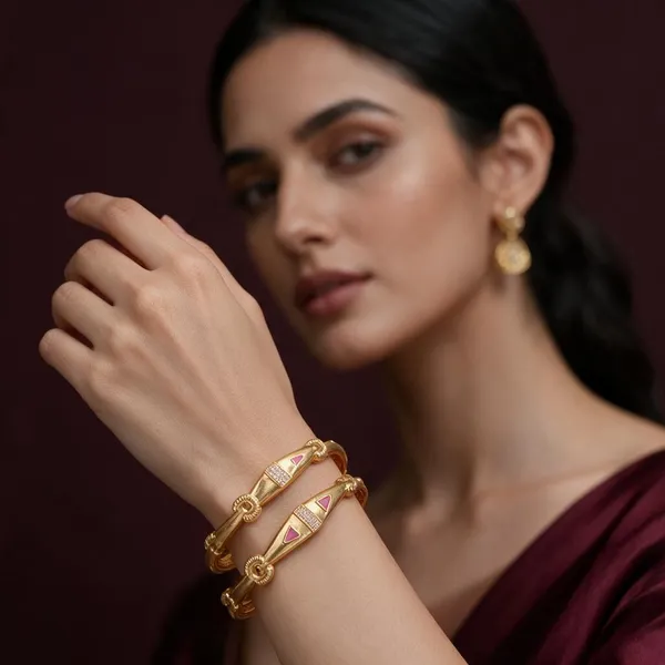 Gold_Alloy_Pink_Triangular_Enamel_Textured_Bangle_Set_For_Women