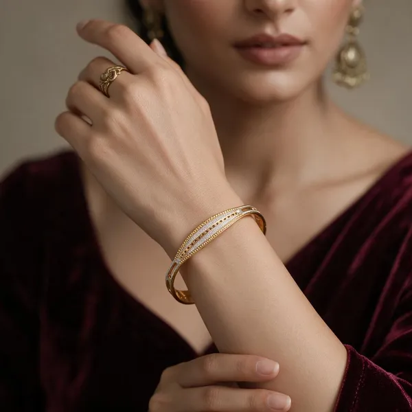 Gold_Alloy_Silver_Accent_Textured_Slim_Bangle_Set_For_Women