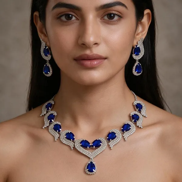 Silver_Blue_Alloy_Teardrop_Stone_Necklace_And_Earrings_Set_For_Women
