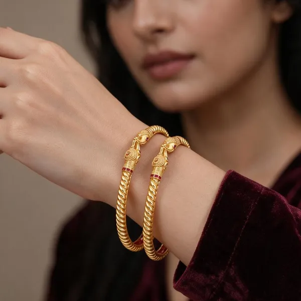 Gold_Alloy_Twisted_Hoop_Red_Accent_Engraved_Bangle_Set_For_Women