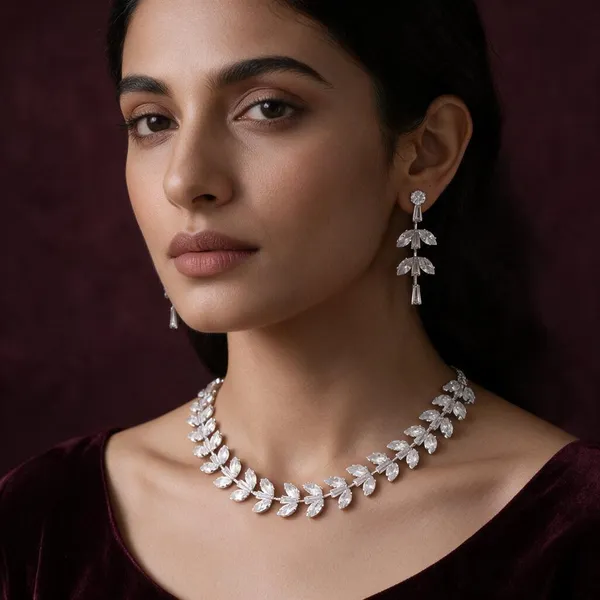 Silver_Alloy_Cascading_Leaf_Necklace_Set_For_Women