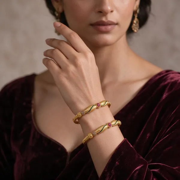 Gold_Alloy_Green_Pink_Stone_Leaf_Bangle_Set_For_Women