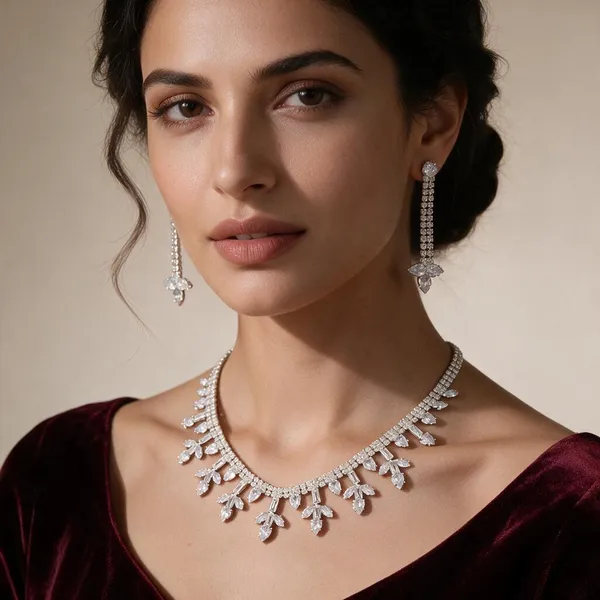 Silver_Alloy_Crystal_Leaf_Baguette_Necklace_Set_For_Women