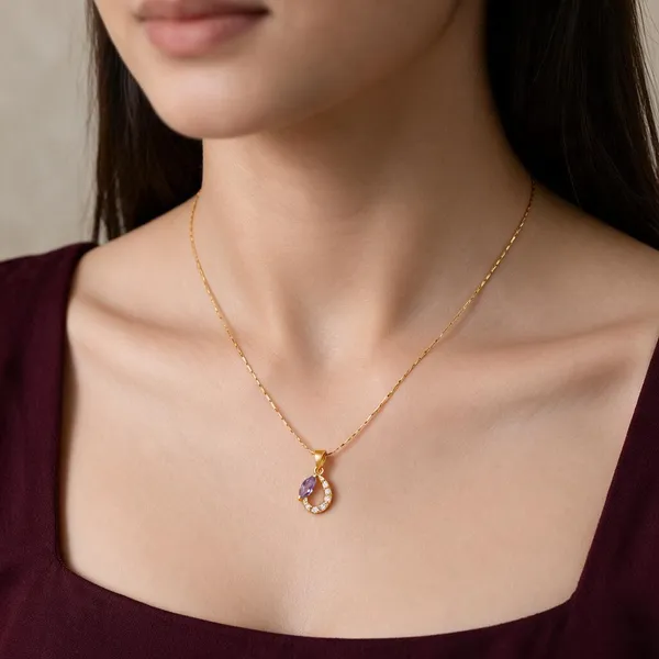 Gold_Alloy_Purple_Stone_Teardrop_Pendant_Necklace_For_Women