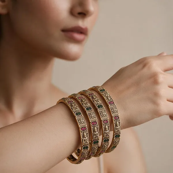 Gold_Alloy_Pink_Green_Stone_Floral_Bangle_Set_For_Women
