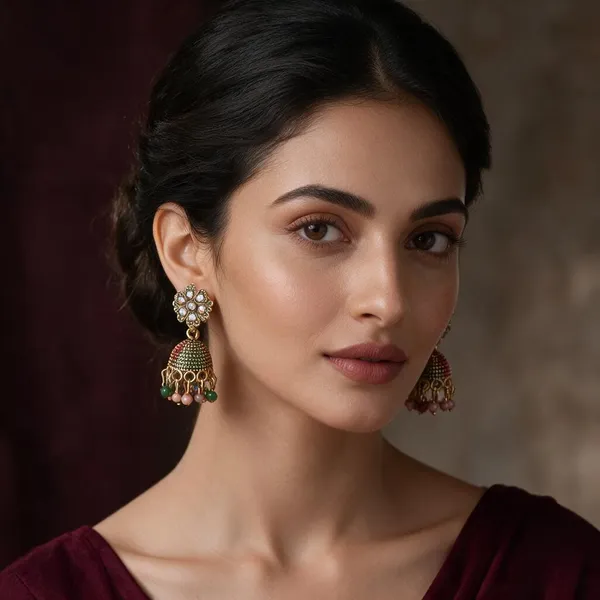 Multicolor_Alloy_Beaded_Dome_Jhumka_Earrings_Set_For_Women