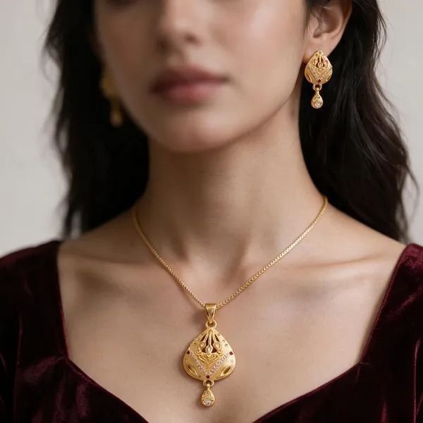 Gold_Alloy_Teardrop_Red_Accent_Pendant_Necklace_Set_For_Women