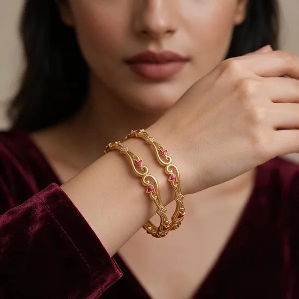 Gold_Alloy_Floral_Pink_Stone_Accent_Bangle_Set_For_Women