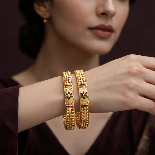 Gold_Alloy_Floral_Motif_Coloured_Accent_Bangle_Set_For_Women