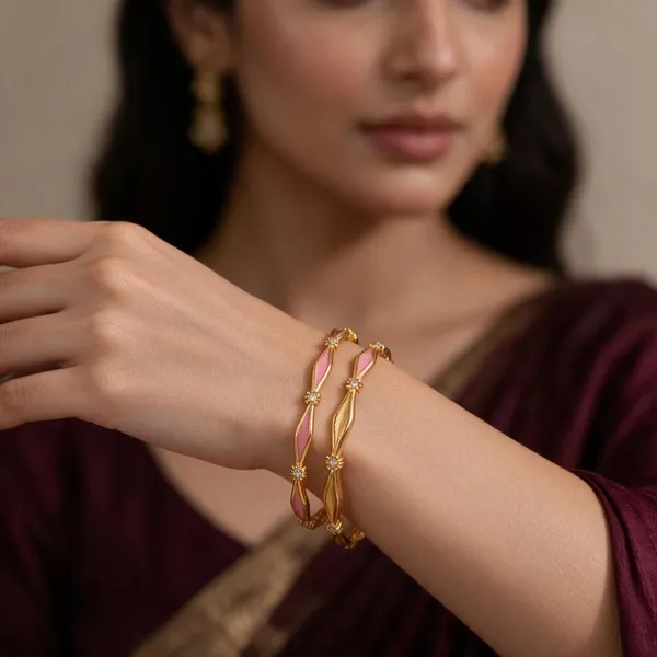 Gold_Alloy_Twisted_Leaf_Pink_Accent_Bangle_Set_For_Women
