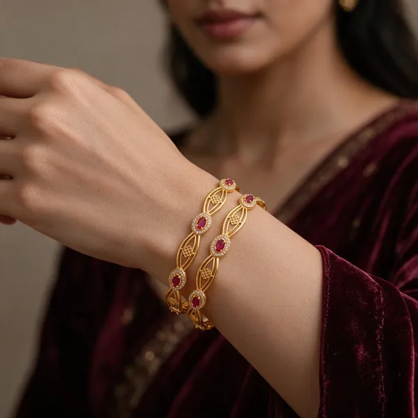 Gold_Alloy_Pink_Stone_Openwork_Leaf_Link_Bangle_Set_For_Women