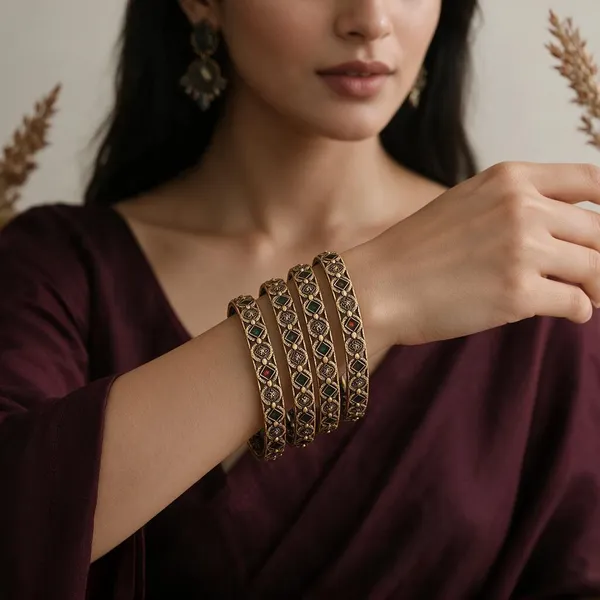 Antique_Gold_Alloy_Geometric_Floral_Bangle_Set_For_Women
