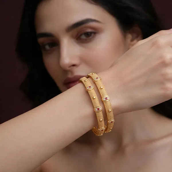 Gold_Alloy_Textured_Red_Stone_Studded_Bangle_Set_For_Women