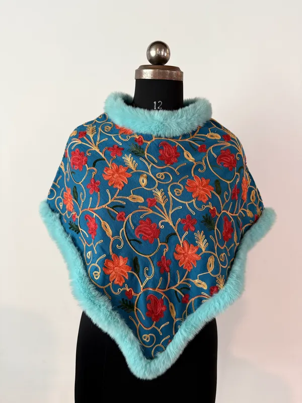 Blue_Embroidered_Fur_Trimmed_Poncho_for_Women