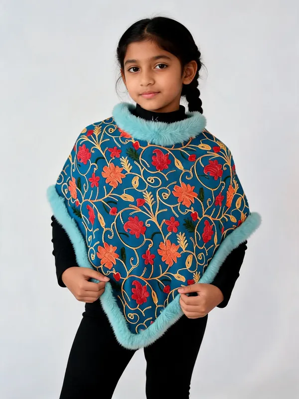 Blue_Faux_Fur_Trim_Floral_Embroidered_Poncho_For_Girls