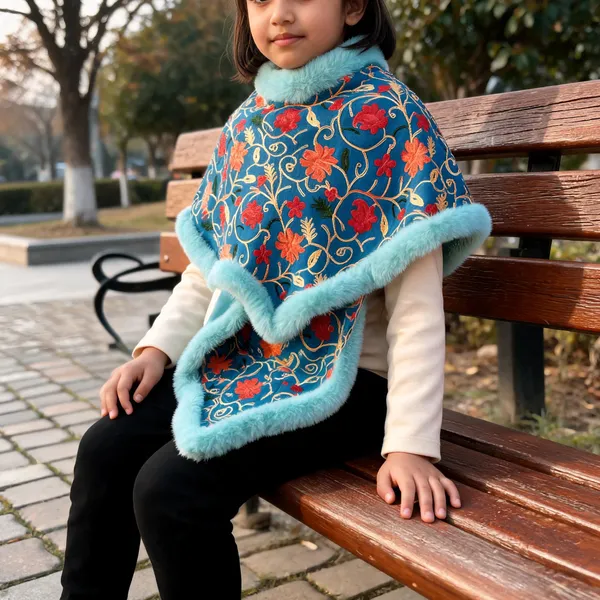 Blue_Faux_Fur_Trim_Floral_Embroidered_Poncho_For_Girls