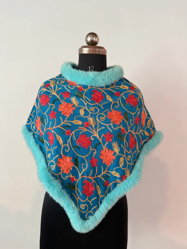 Blue_Embroidered_Fur_Trimmed_Poncho_for_Women