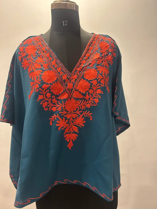 Teal_Embroidered_V-Neck_Kaftan_for_Women