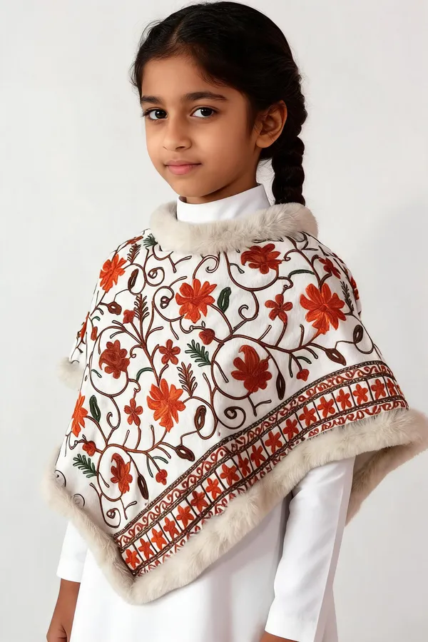 White_Fur_Trim_Floral_Embroidered_Poncho_For_Girls