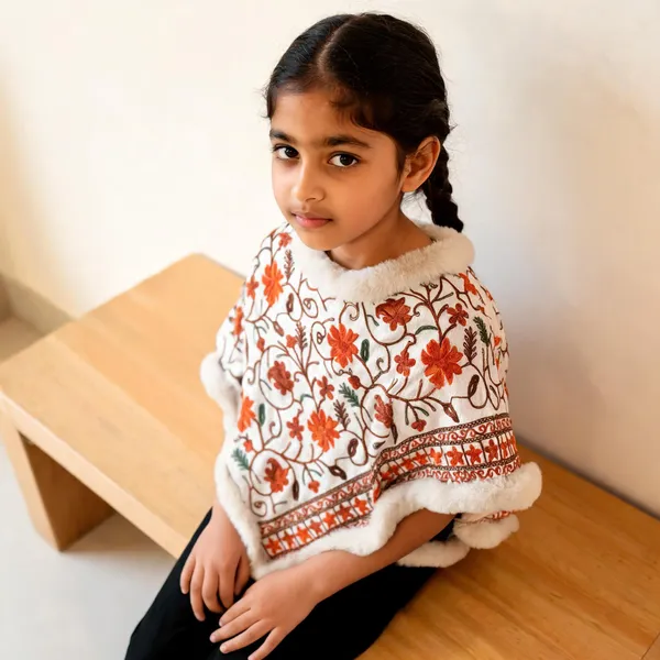 White_Fur_Trim_Floral_Embroidered_Poncho_For_Girls